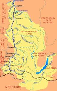 Реки на территории Красноярска и Красноярского края, река Енисей на карте